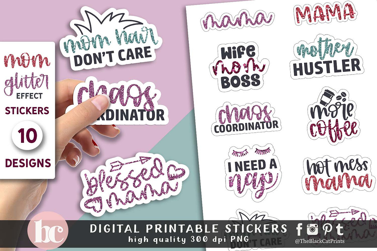 Mom Stickers Glitter Effect PNG EPS, a Decorative Illustration by TheBlackCatPrints (Photo 2 of 6)