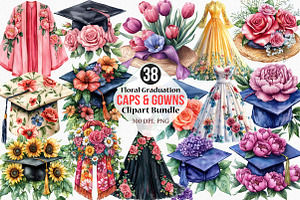 Floral Graduation Caps & Gowns, an Illustration by Canvas Craft