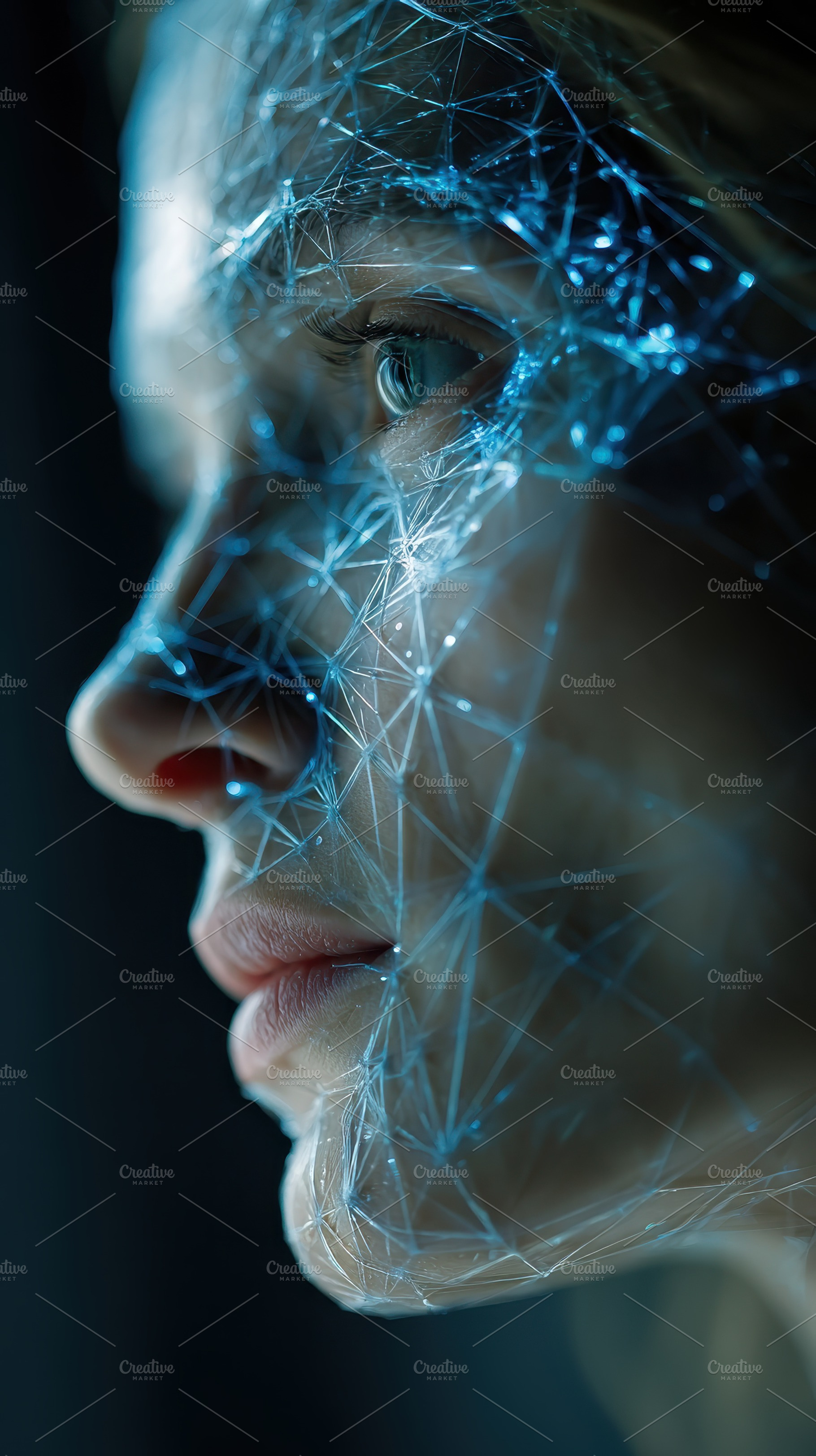 Woman's face covered in blue digital, a Photo by Pixeness Studio