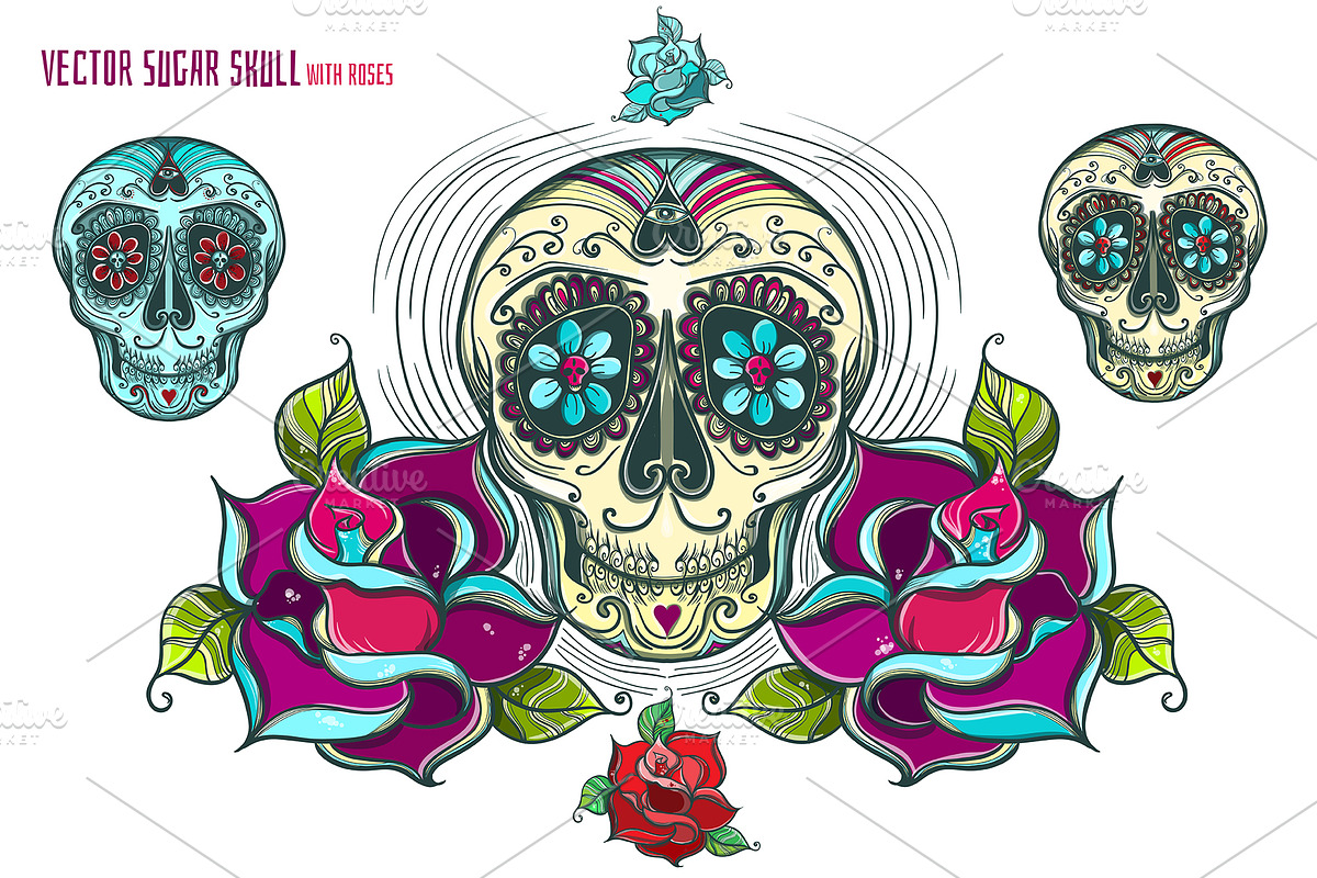 Vector Sugar Skull with roses, a Pattern Graphic by Shusha Guna Art (Photo 2 of 8)