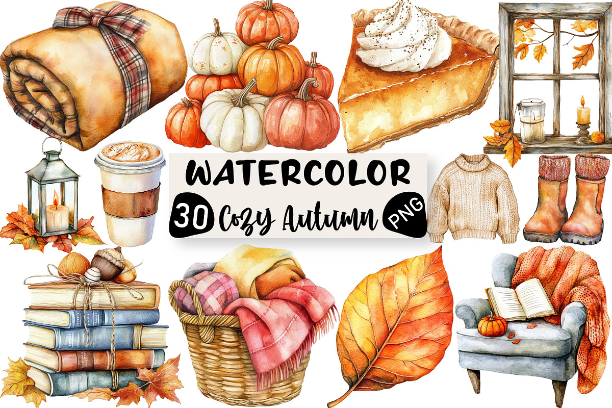 Watercolor Cozy Autumn Clipart, an Illustration by Black Bird Studio (Photo 1 of 6)