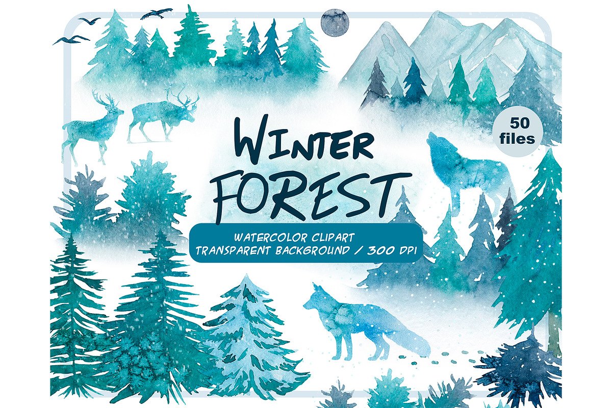 Watercolor winter forest clipart set, an Animal Illustration by ArtfulStudio (Photo 1 of 8)