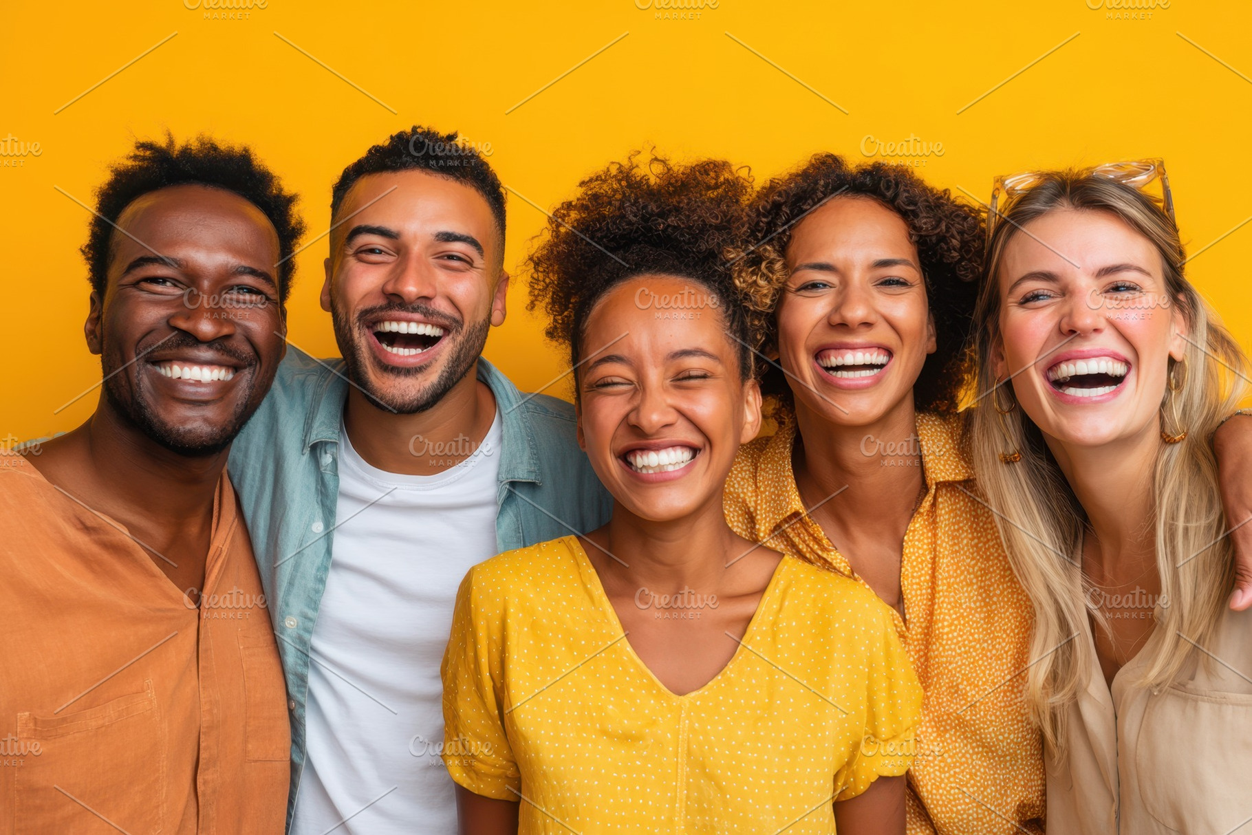 Diverse Group Laughing Together on Yellow Background, a Person Photo by AlyaAnd