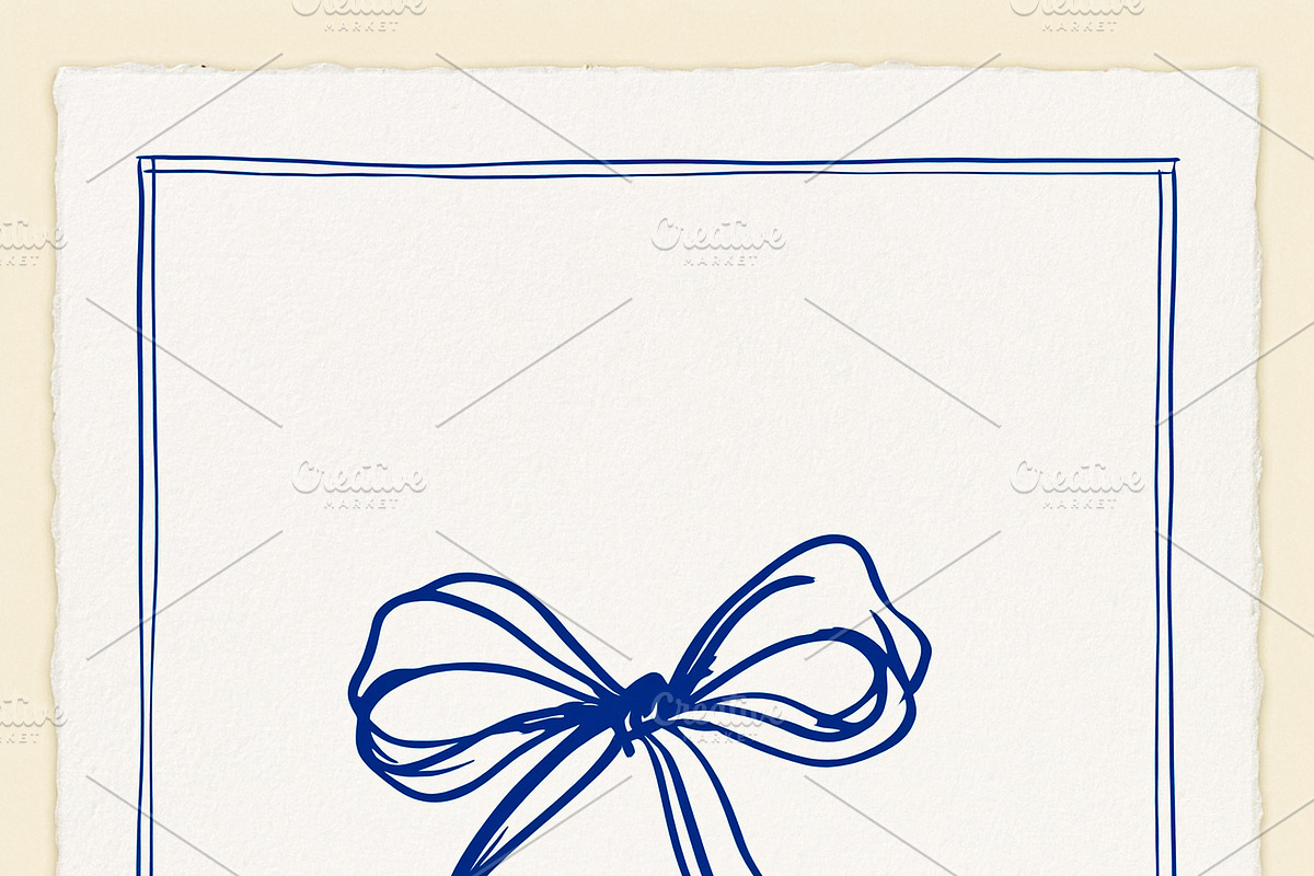 Blue ribbon bow sketch drawing on white paper with border, hand, an Illustration by Studio ANNA