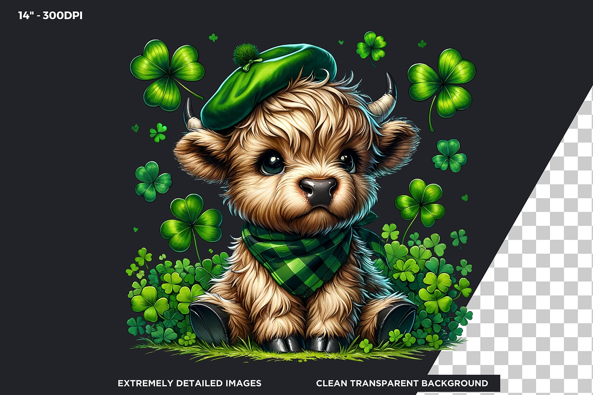 St Patricks day Highland Cow Clipart, an Animal Illustration by ThatsDesignArt (Photo 3 of 10)