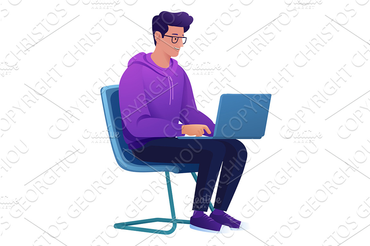 Man Using Laptop Computer Cartoon, a Person Illustration by Christos Georghiou