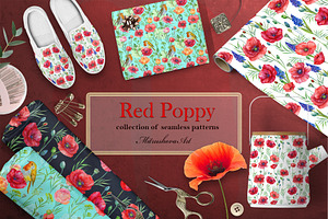 Red Poppy Watercolor Pattern