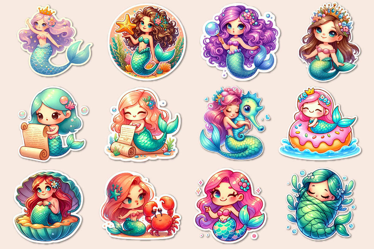 Kawaii Mermaid Clipart Bundle, an Illustration by Dream Creation (Photo 4 of 4)