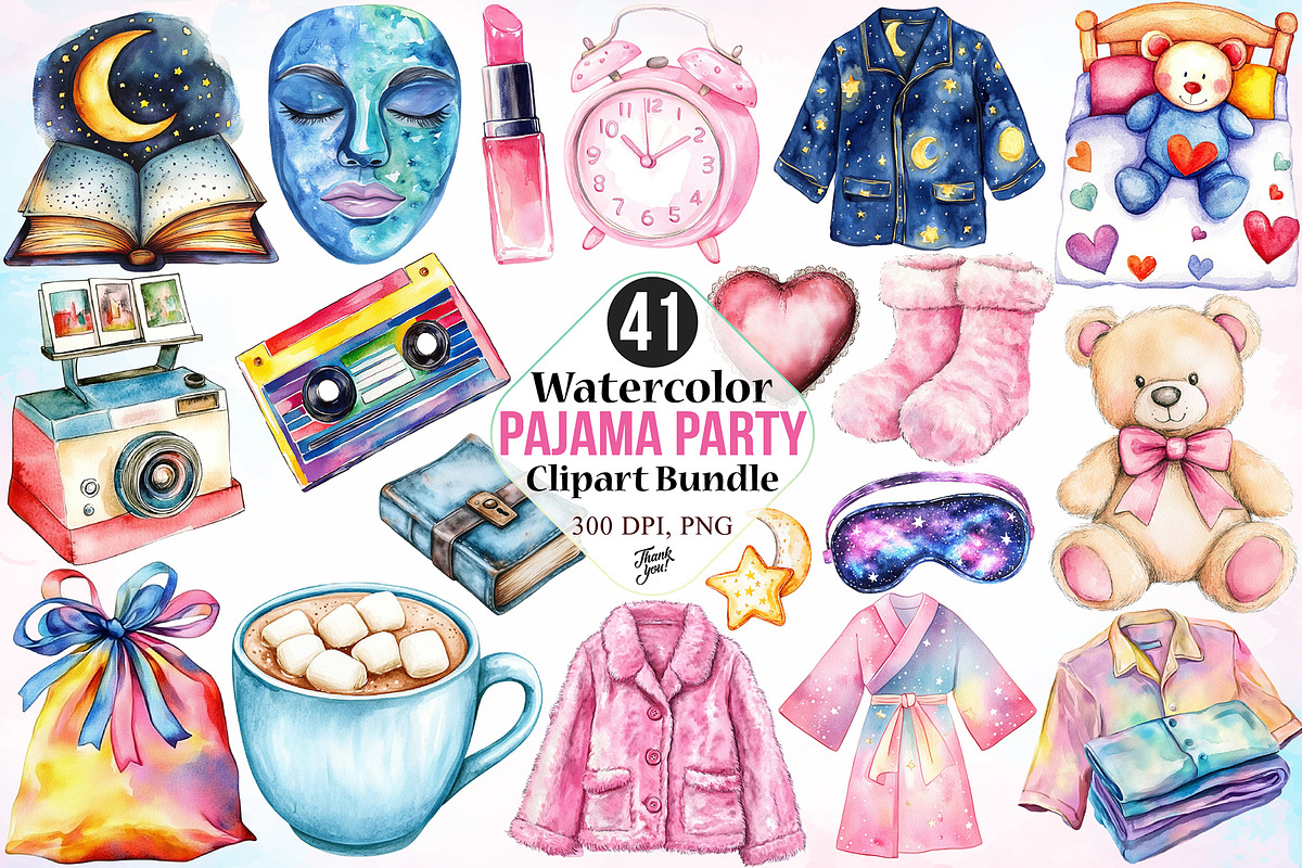 Watercolor Pajama Party Clipart PNG, an Object Illustration by Canvas Craft (Photo 1 of 3)