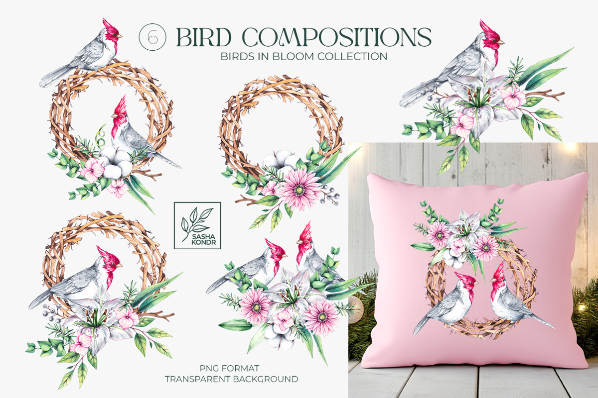 Birds in Bloom Watercolor Floral set, an Animal Illustration by SashaKondr (Photo 9 of 17)