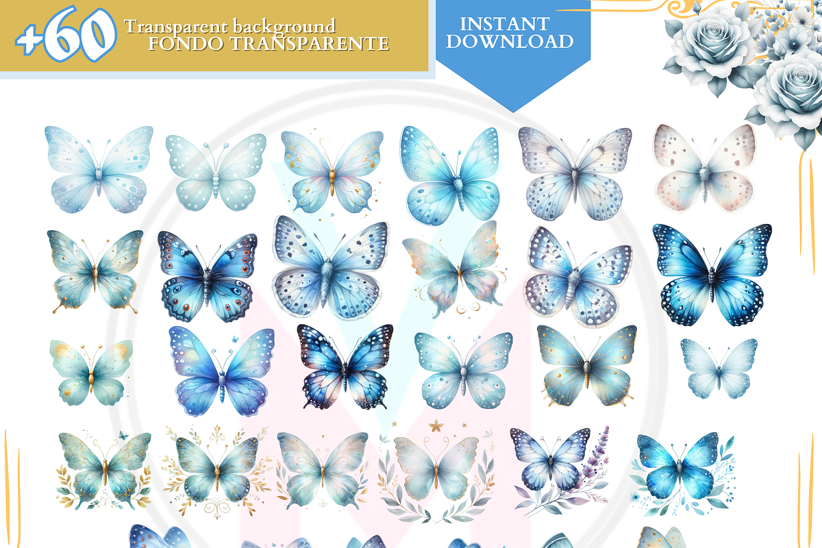 Watercolor Blue butterflies clipart, a Decorative Illustration by VM PARTYS  BY TAIRUMA (Photo 8 of 8)
