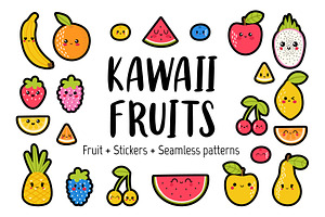 Collection of cute kawaii fruits.