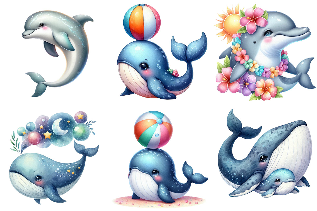 Cute Whale and Dolphin Clipart, an Illustration by Pixels.Craft (Photo 7 of 9)
