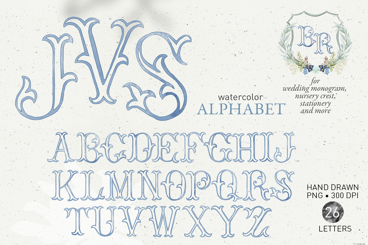 Blue monogram letters watercolor, a Decorative Illustration by GrafikBoutique (Photo 1 of 3)