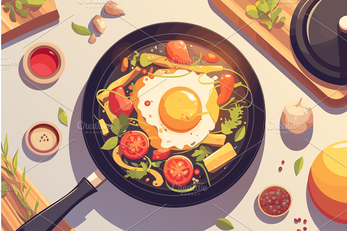 Cartoon frying pan with cooked fried, a Food Illustration by LadadikArt