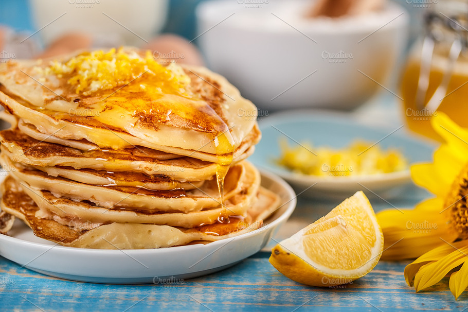 Stack Of Pancakes Containing Breakfast Food And Honey