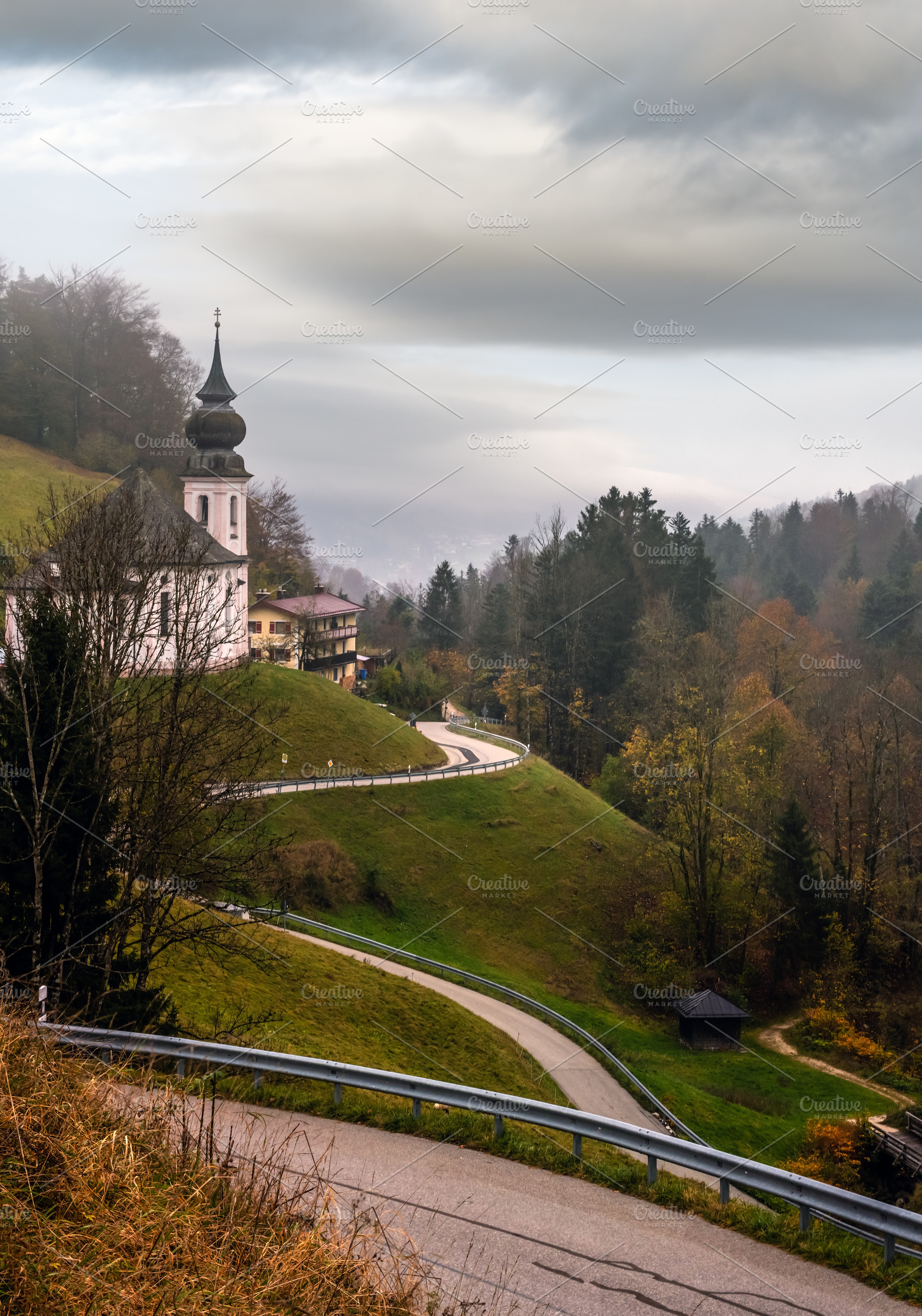 Overcast foggy autumn morning and Maria Gern church,  Berchtesga, a Nature Photo by YuriyB