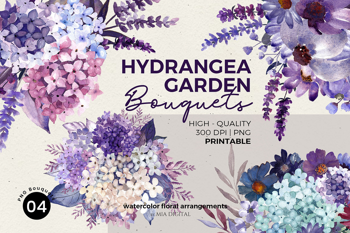 Hydrangea Bouquets Watercolor PNG, an Object Illustration by Mia Digital (Photo 1 of 6)