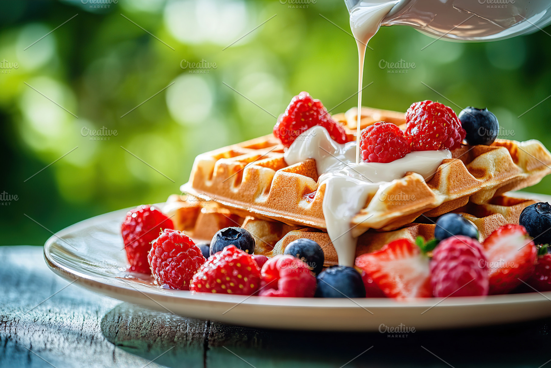 Delicious waffles topped with fresh berries and pouring melted milk in a sunny, a Food & Drink Photo by AlyaAnd