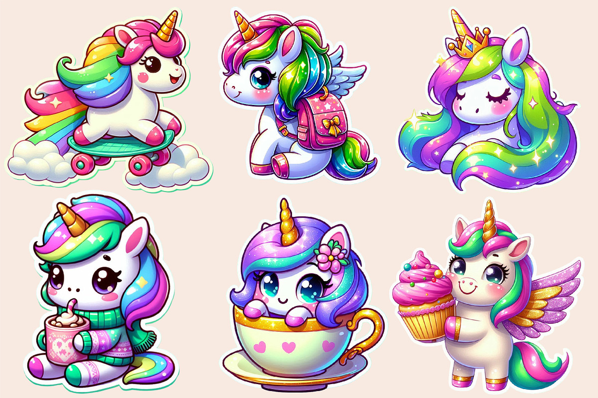 Kawaii Unicorn Stickers Clipart, an Illustration by Designworld (Photo 4 of 7)