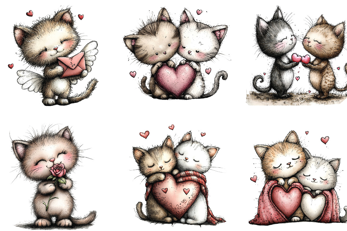 Whimsical Valentine Cats Clipart, an Illustration by CraftArtStudio (Photo 2 of 6)