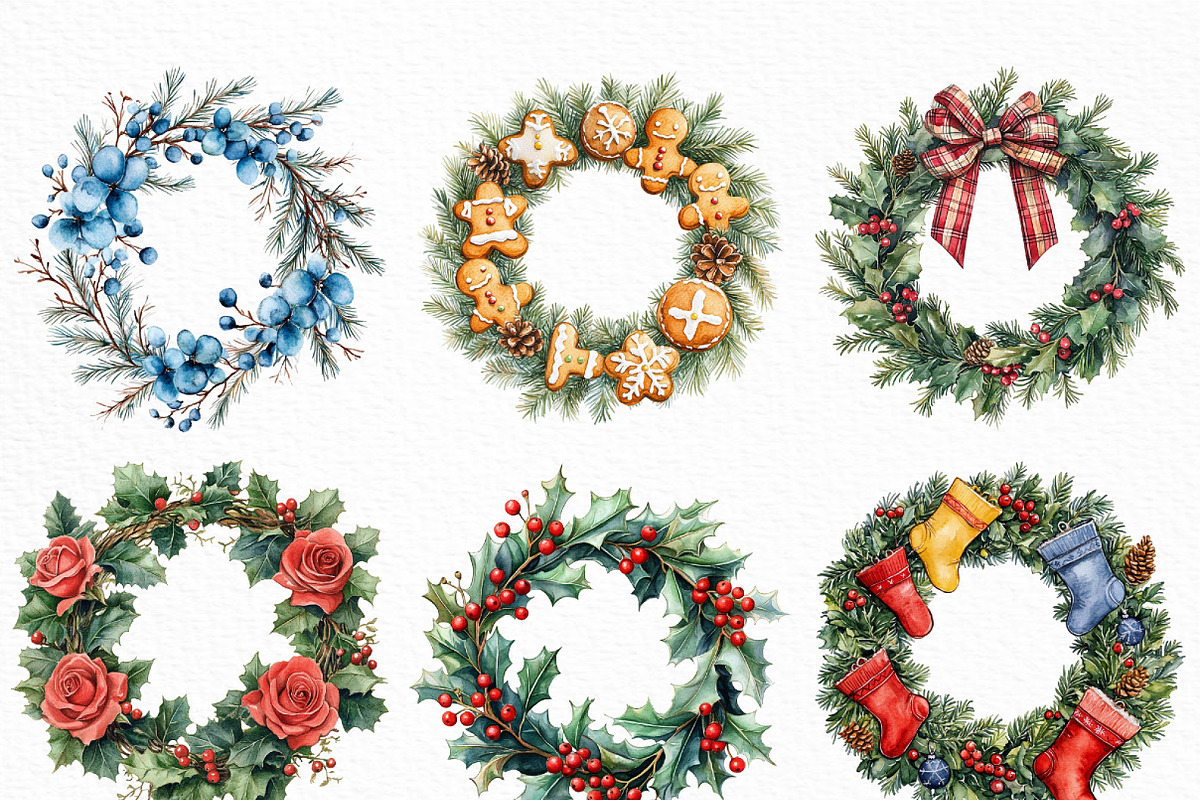 Watercolor Christmas Wreath Clipart, an Illustration by Craft Nest (Photo 2 of 6)
