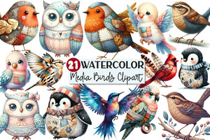 Mixed Media Birds Clipart, an Illustration by Rose Art