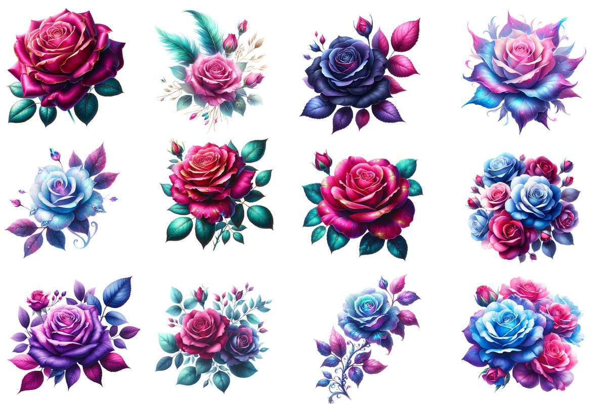 Magenta and Blue Fantasy Roses clipa, an Illustration by Designworld (Photo 3 of 5)