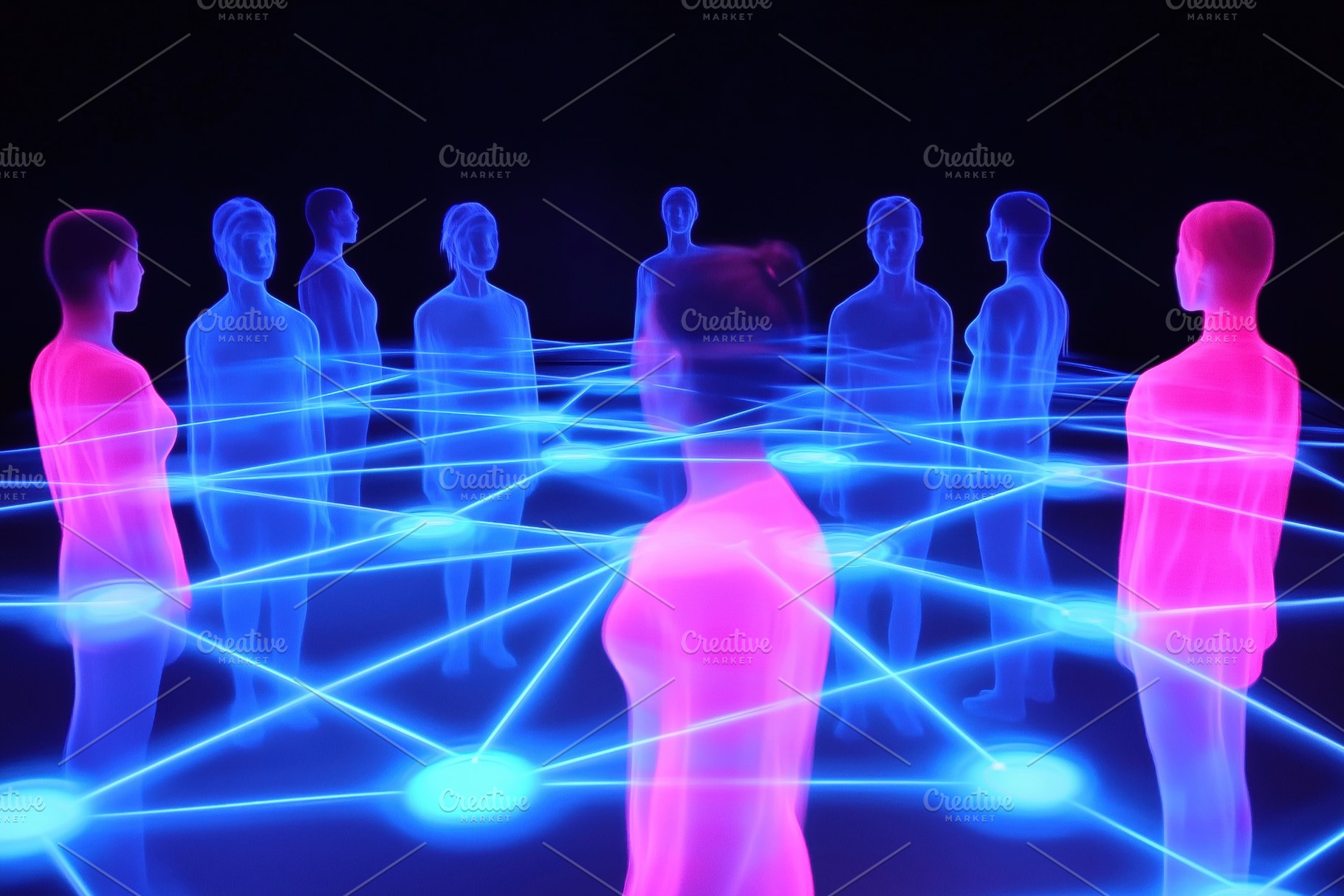 A digital illustration of abstract human figures in blue and pink hues ...