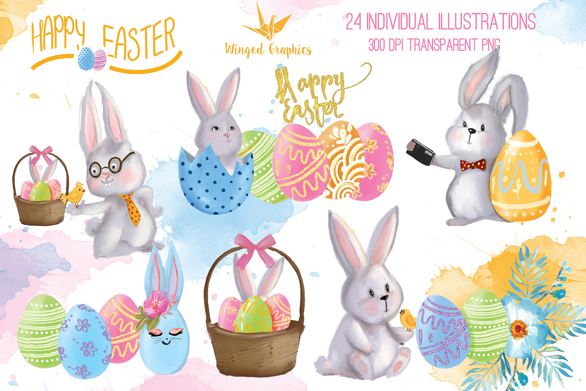 Easter Bunnies illustrations, a Seasonal Illustration by Winged Graphics (Photo 1 of 4)