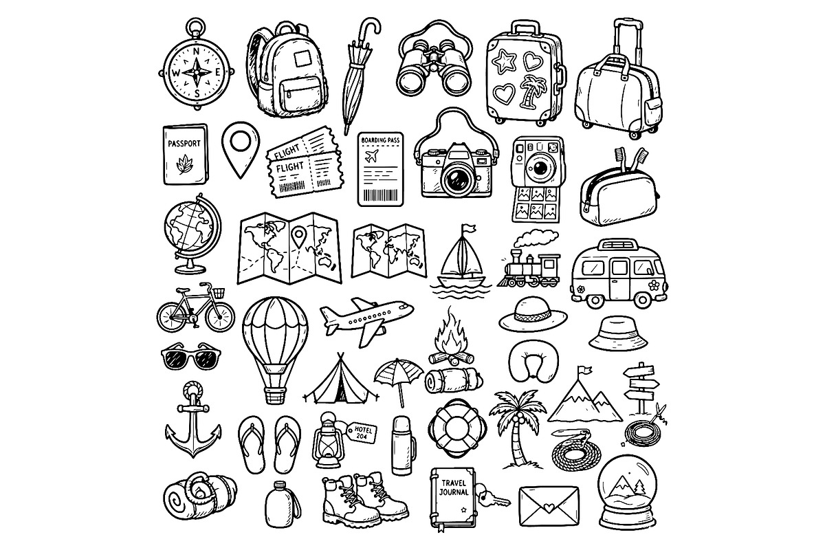 Set of travel outline doodle signs, a Transportation Illustration by Voodz_shop (Photo 1 of 3)