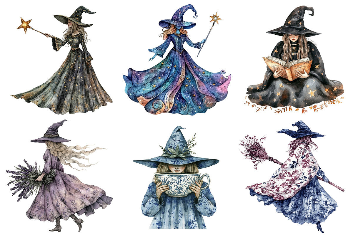 Watercolor Toile Witch Clipart, a Seasonal Illustration by CitraGraphics (Photo 3 of 4)