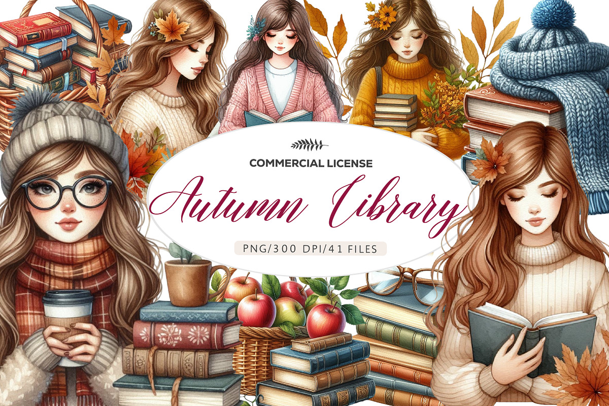 Watercolor Autumn Library Clipart, an Illustration by CreationArt (Photo 1 of 7)
