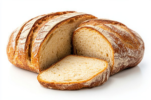 Crusty artisan bread loaf sliced sho, a Photo by Pixeness Studio