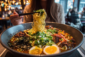 Delicious Ramen Noodles Being Enjoye, a Photo by Pixeness Studio