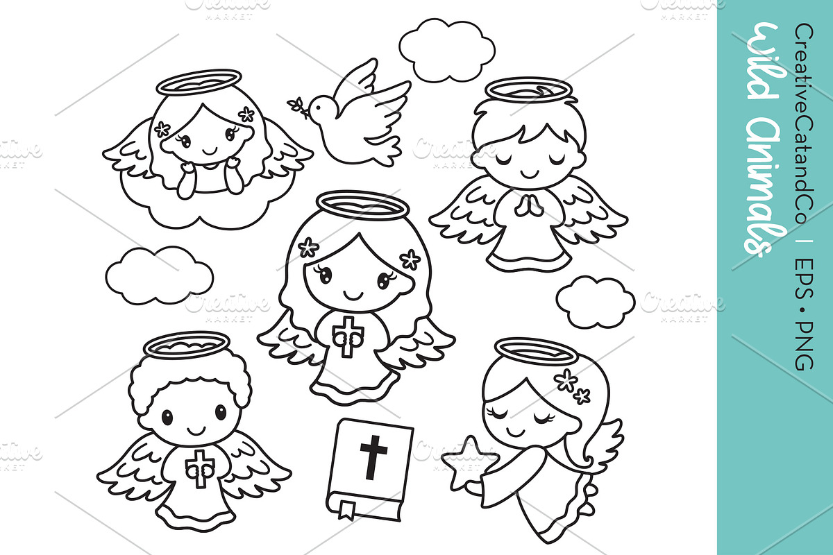 Cute Kid Angel Outlines EPS PNG, a Person Illustration by CreativeCatandCo