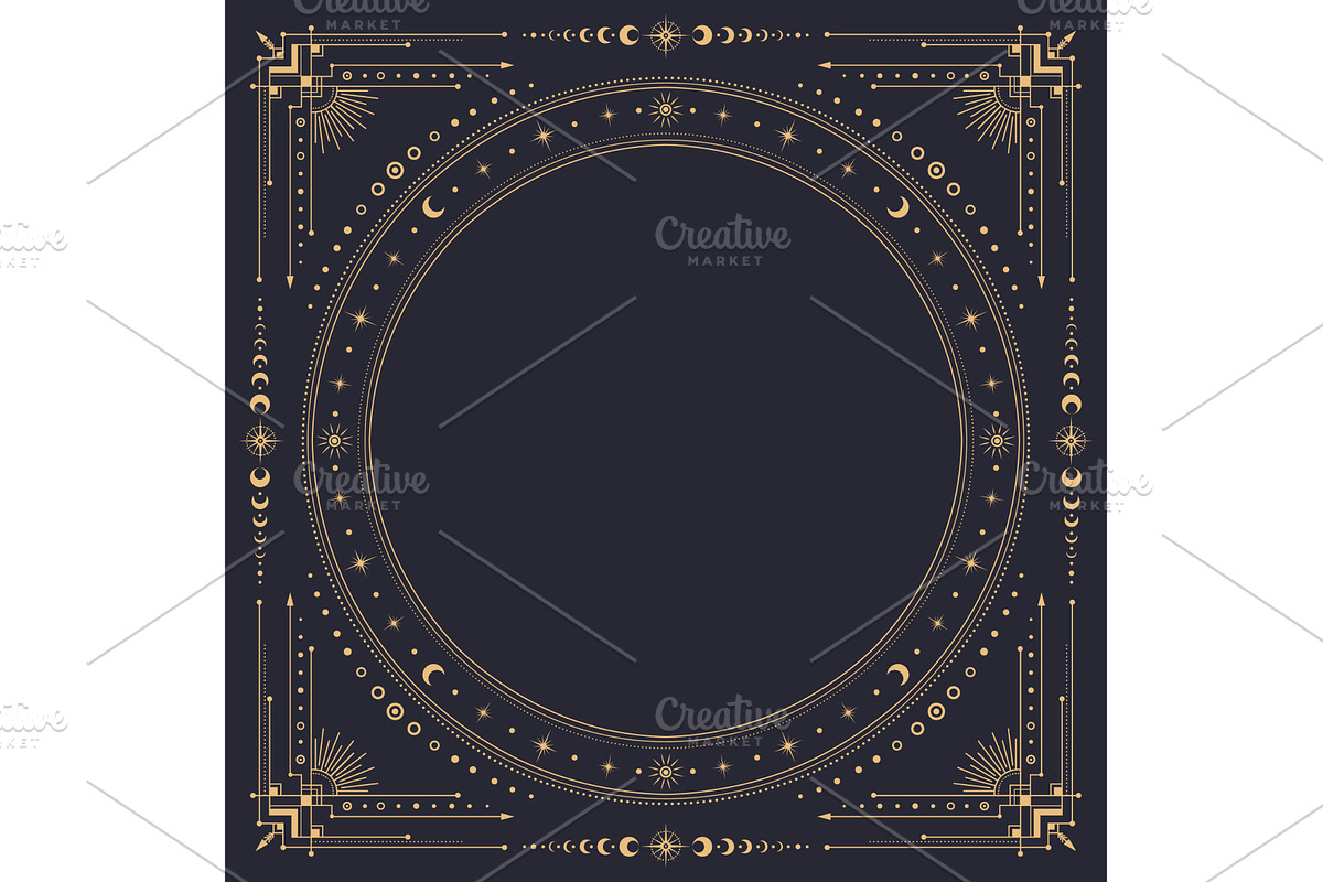 Square celestial frame, gold moon, a Decorative Illustration by Vector Tradition