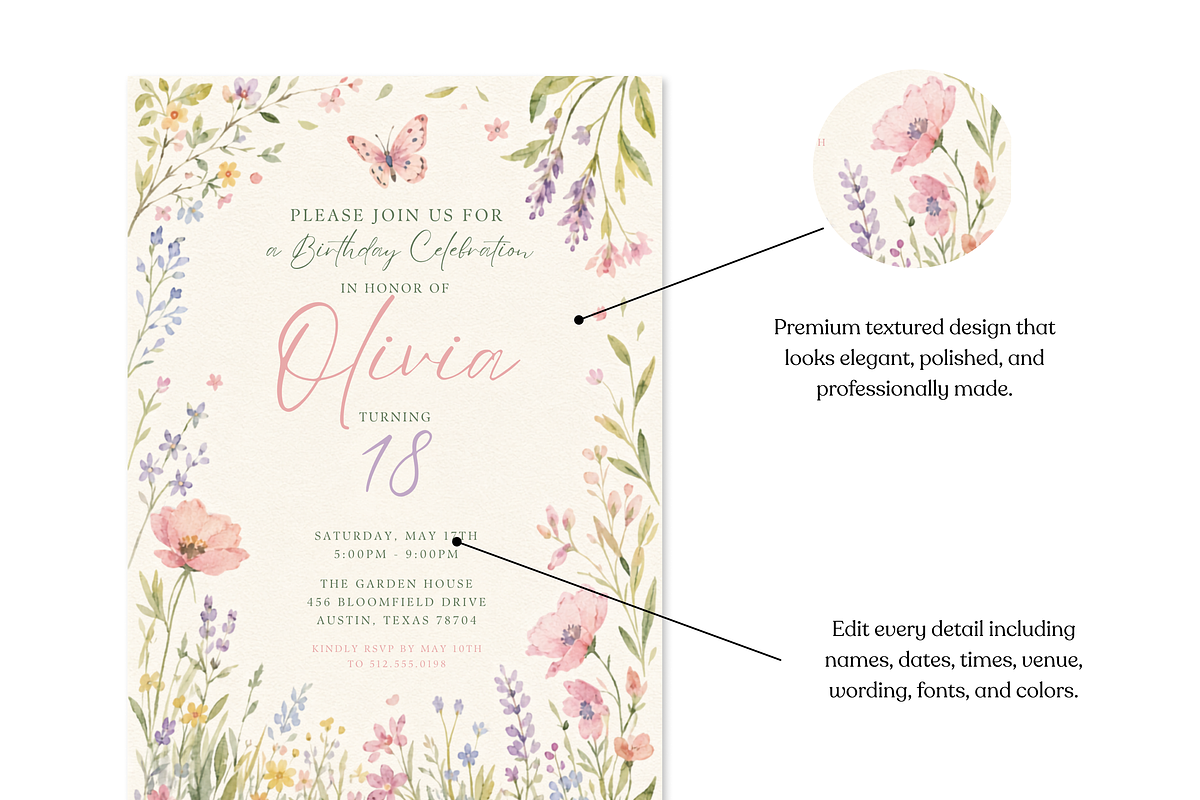 Wildflower Floral Birthday Invite, an Invitation Template by heynomi (Photo 7 of 19)