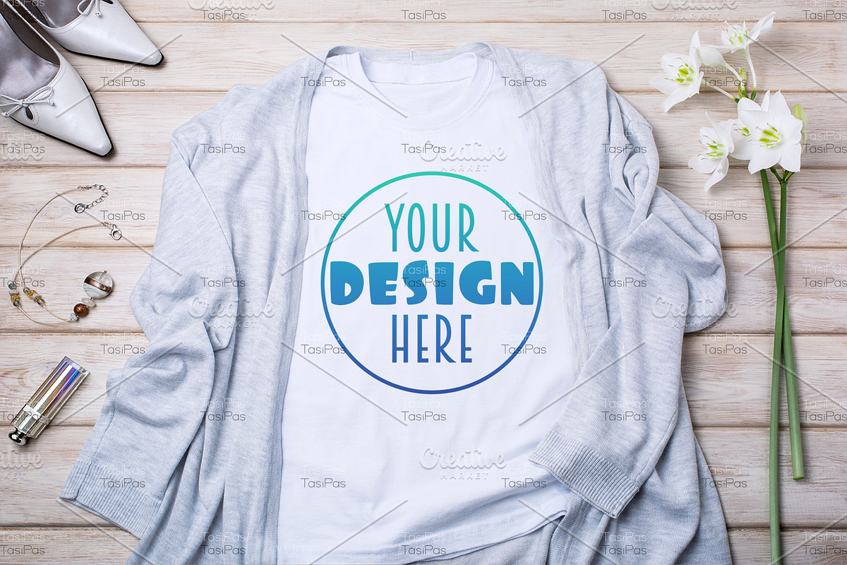 T-shirt mockup with gray cardigan, a Print Template by TasiPas (Photo 1 of 4)
