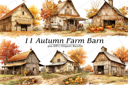Autumn Farm Barn Watercolor Clipart, a Decorative Illustration by Rabbyx