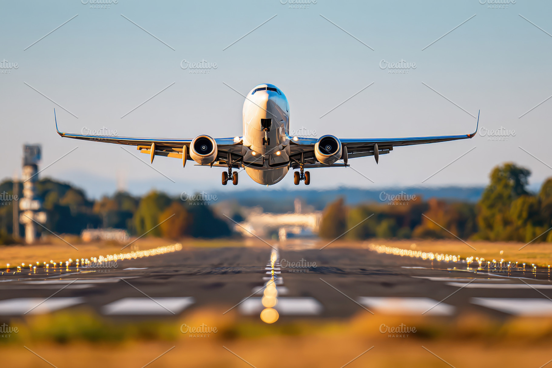 Airplane taking off from runway under blue sky, a Transportation Photo by AlyaAnd