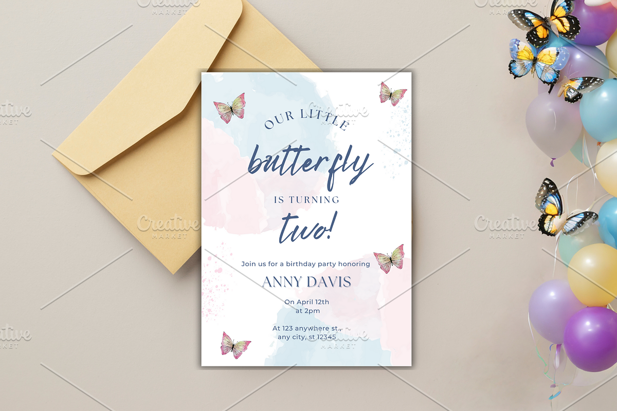 Butterfly Birthday Invitation Card, a Print Template by TheSimplySereneShop (Photo 3 of 5)