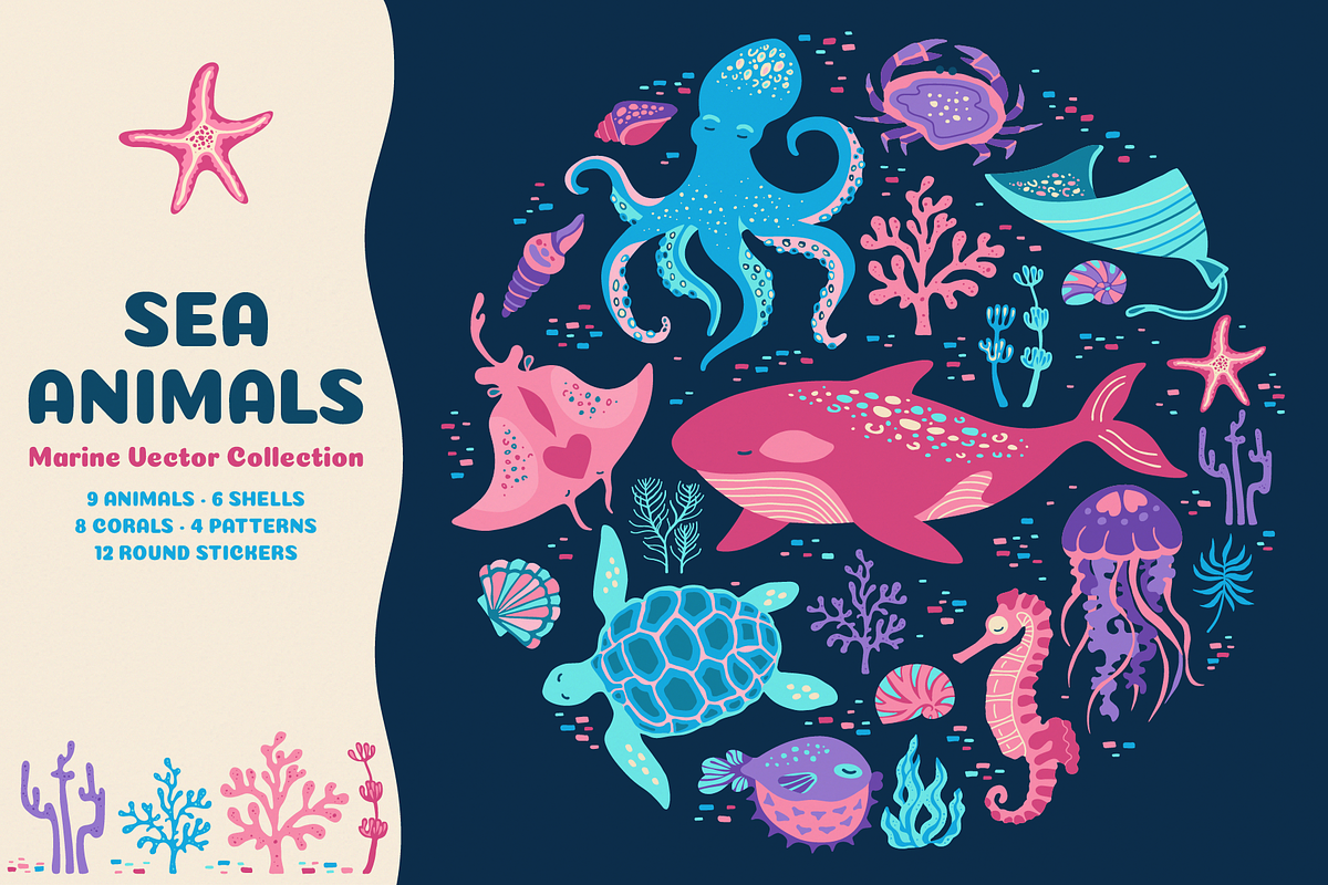 Sea Animals Marine Art Vector Set, an Animal Illustration by Neliakott ♥ (Photo 1 of 11)