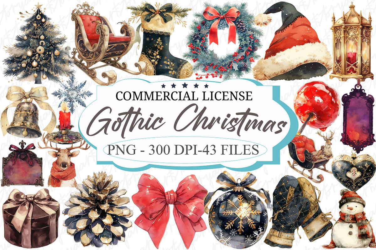 Watercolor Gothic Christmas Clipart, an Illustration by designcity5 (Photo 1 of 5)