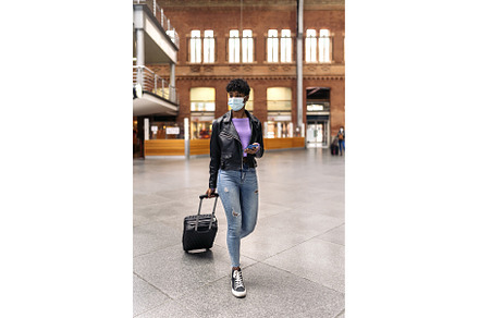 Tourist Woman Using Phone Walking