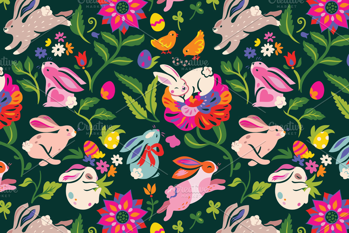 Folk Garden Easter Bunnies, a Pattern Graphic by PenguinHouse (Photo 3 of 6)