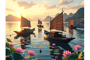 Golden Sunset Asian Waters Guilin Ch, a Transportation Illustration by Sharon Schwalbe (Thumbnail 1 of 2)