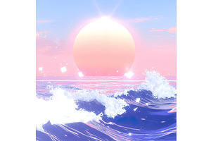 Surreal sunrise with ocean waves and, an Illustration by Lermont51