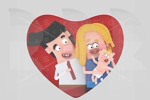 Happy Family Posing Into Red Heart.