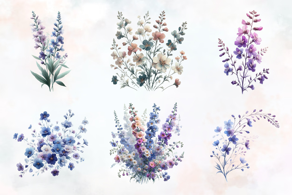 Larkspur Flower Watercolor Cliparts, an Illustration by RobertsArt (Photo 2 of 7)
